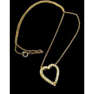 Elegant Open Heart Rhinestone Gold Tone Pendant Necklace